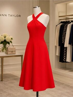 Ann Taylor 8P Red Crisscross Halter Dress NWOT Petite Fit & Flare
